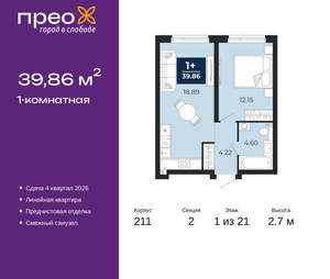 1-к квартира, вторичка, 40м2, 1/21 этаж