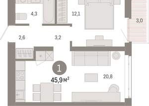 1-к квартира, вторичка, 46м2, 8/25 этаж