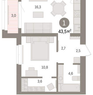 1-к квартира, вторичка, 43м2, 4/16 этаж