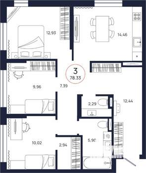 3-к квартира, строящийся дом, 78м2, 3/17 этаж