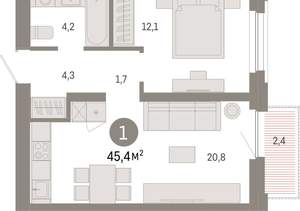 1-к квартира, вторичка, 45м2, 7/16 этаж