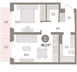 1-к квартира, вторичка, 48м2, 3/16 этаж