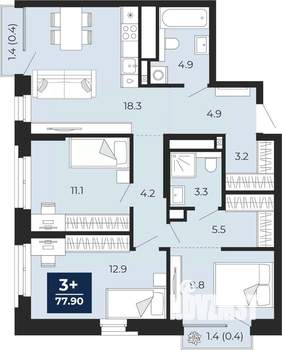 3-к квартира, вторичка, 78м2, 3/18 этаж