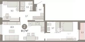 2-к квартира, вторичка, 62м2, 7/9 этаж