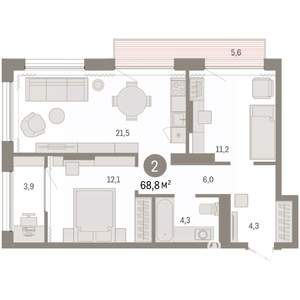 2-к квартира, вторичка, 69м2, 16/17 этаж