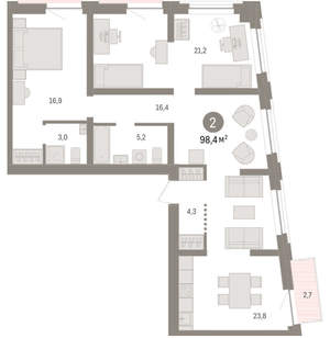 2-к квартира, вторичка, 98м2, 3/10 этаж