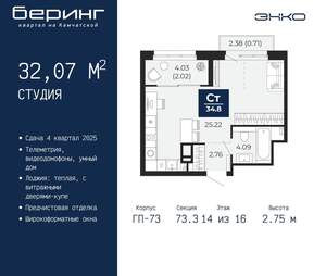 Студия квартира, вторичка, 32м2, 14/22 этаж