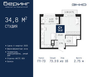 Студия квартира, вторичка, 35м2, 9/22 этаж