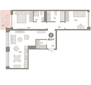 2-к квартира, вторичка, 80м2, 7/8 этаж