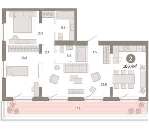 2-к квартира, вторичка, 106м2, 7/11 этаж
