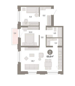 2-к квартира, вторичка, 70м2, 4/16 этаж