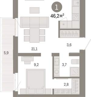 1-к квартира, вторичка, 46м2, 8/25 этаж