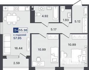 2-к квартира, строящийся дом, 55м2, 3/8 этаж