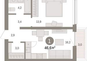 1-к квартира, вторичка, 47м2, 6/9 этаж