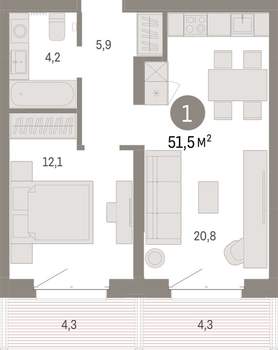 1-к квартира, вторичка, 51м2, 6/11 этаж