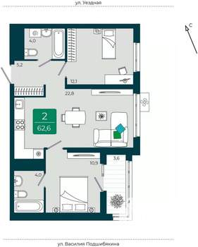 2-к квартира, вторичка, 63м2, 16/16 этаж