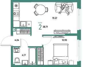 2-к квартира, вторичка, 39м2, 13/25 этаж