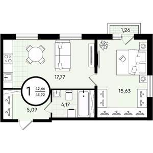 1-к квартира, строящийся дом, 44м2, 2/4 этаж