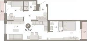 2-к квартира, вторичка, 64м2, 4/9 этаж