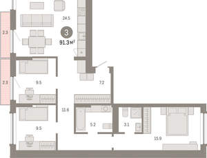 3-к квартира, вторичка, 91м2, 4/8 этаж