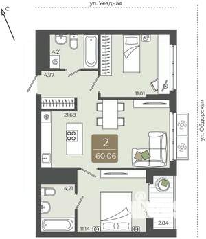 2-к квартира, вторичка, 60м2, 6/15 этаж