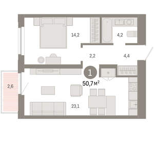 1-к квартира, вторичка, 51м2, 14/16 этаж