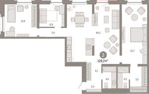 3-к квартира, вторичка, 129м2, 3/16 этаж