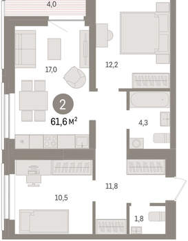 2-к квартира, вторичка, 62м2, 9/10 этаж