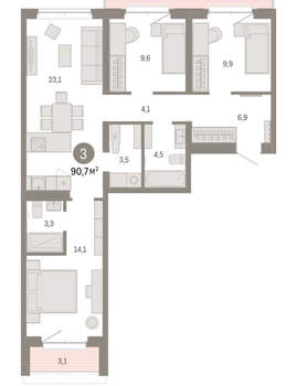 3-к квартира, вторичка, 91м2, 3/11 этаж