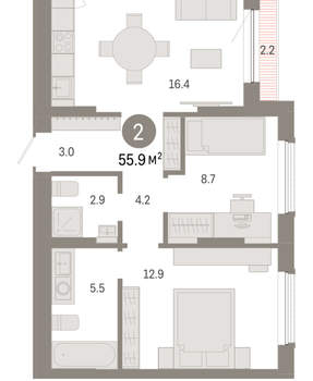 2-к квартира, вторичка, 56м2, 7/8 этаж