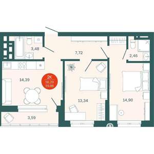 2-к квартира, вторичка, 56м2, 19/19 этаж