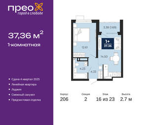 1-к квартира, вторичка, 37м2, 16/22 этаж