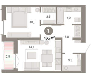 1-к квартира, вторичка, 47м2, 12/16 этаж