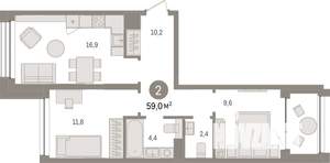 2-к квартира, вторичка, 59м2, 6/8 этаж