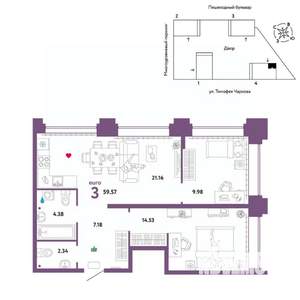 3-к квартира, вторичка, 60м2, 30/31 этаж
