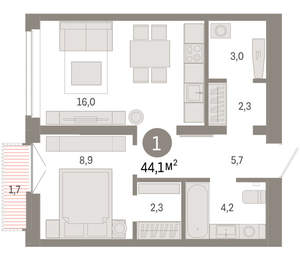 1-к квартира, вторичка, 44м2, 7/16 этаж