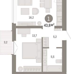 1-к квартира, вторичка, 44м2, 5/16 этаж