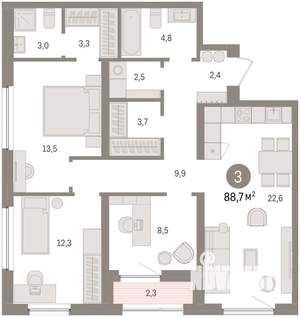 3-к квартира, вторичка, 89м2, 15/16 этаж