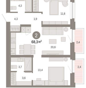 2-к квартира, вторичка, 68м2, 2/16 этаж