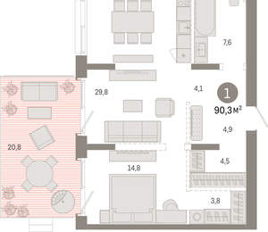 1-к квартира, вторичка, 90м2, 2/11 этаж