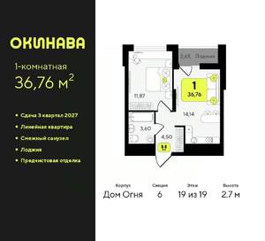 1-к квартира, вторичка, 37м2, 19/19 этаж