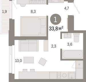 1-к квартира, вторичка, 34м2, 7/25 этаж
