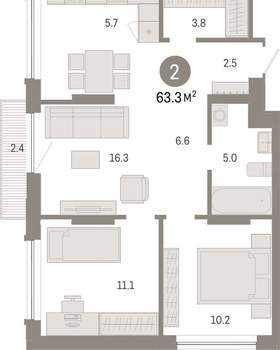 2-к квартира, вторичка, 63м2, 6/8 этаж