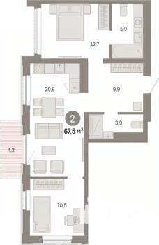 2-к квартира, вторичка, 68м2, 17/25 этаж