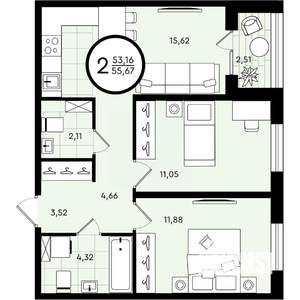 2-к квартира, вторичка, 56м2, 2/4 этаж
