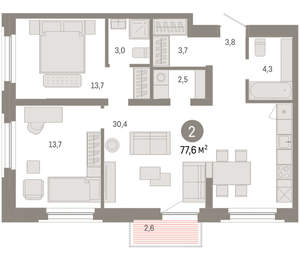 2-к квартира, вторичка, 78м2, 2/16 этаж