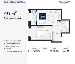 1-к квартира, вторичка, 46м2, 5/16 этаж