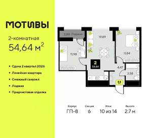 2-к квартира, вторичка, 55м2, 10/14 этаж