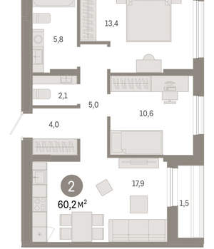 2-к квартира, сданный дом, 60м2, 15/17 этаж