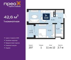 1-к квартира, вторичка, 43м2, 11/22 этаж